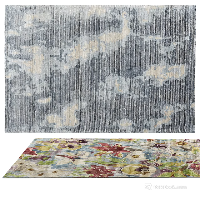 Square Rug Featuring Abstract Gray White Design and Colorful Floral Pattern 3d model 