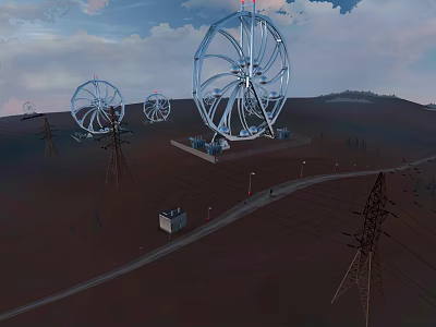 Large Wheel Like Antennas With Power Towers On Brown Landscape Under Cloudy Sky 3d model