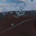 Large Wheel Like Antennas With Power Towers On Brown Landscape Under Cloudy Sky