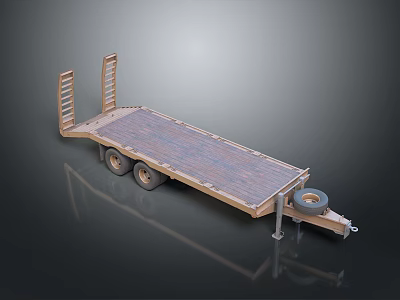 Wooden Flatbed Trailer With Heavy Duty Wheels Hitch And Support Rails 3d model