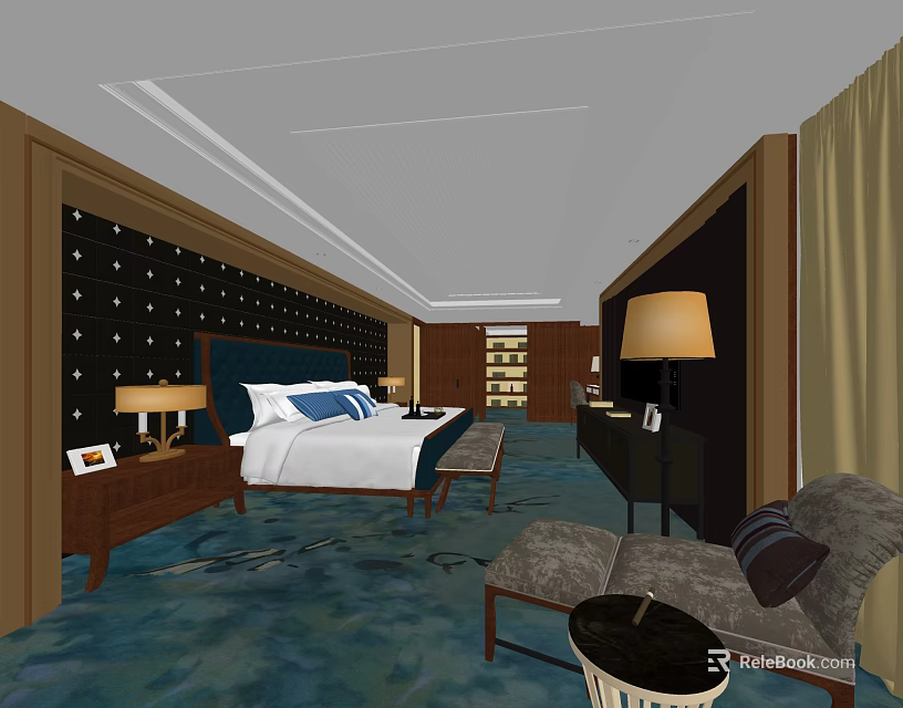Hotel Guest Room Interior With Blue Carpet Bed Sofa Nightstand And Decorative Wall 3d model 