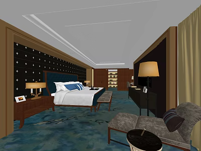 Hotel Guest Room Interior With Blue Carpet Bed Sofa Nightstand And Decorative Wall 3d model
