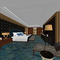Hotel Guest Room Interior With Blue Carpet Bed Sofa Nightstand And Decorative Wall