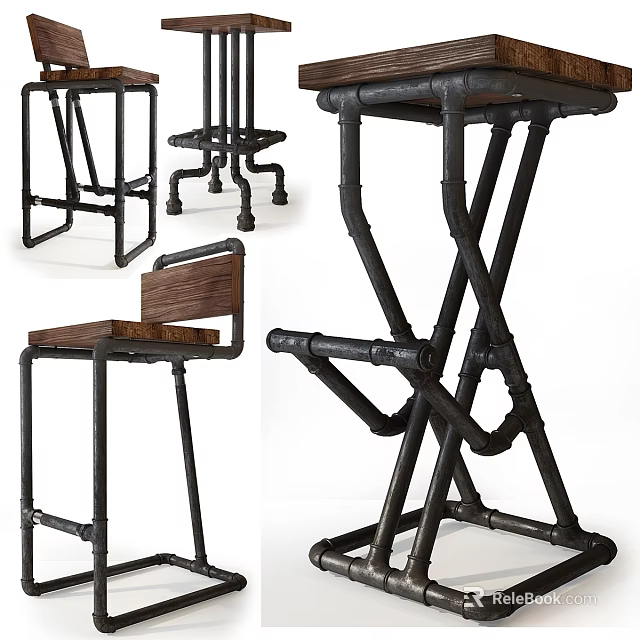 Industrial Style Single Chair With Metal Pipe Frame And Wooden Seat 3d model 
