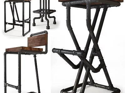 Industrial Style Single Chair With Metal Pipe Frame And Wooden Seat 3d model