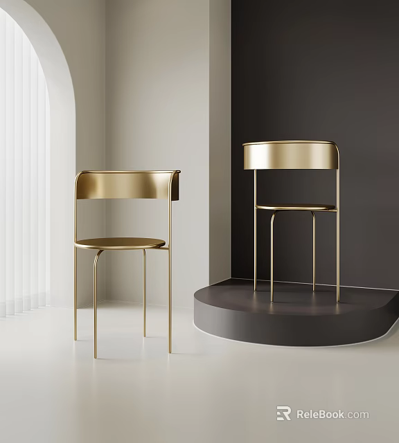 Golden Metallic Single Chair with Minimalist Design in Modern Display Space 3d model 