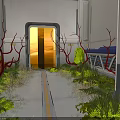 Futuristic Interior With Open Doorway Sunset Sky Red Branches And Pathway