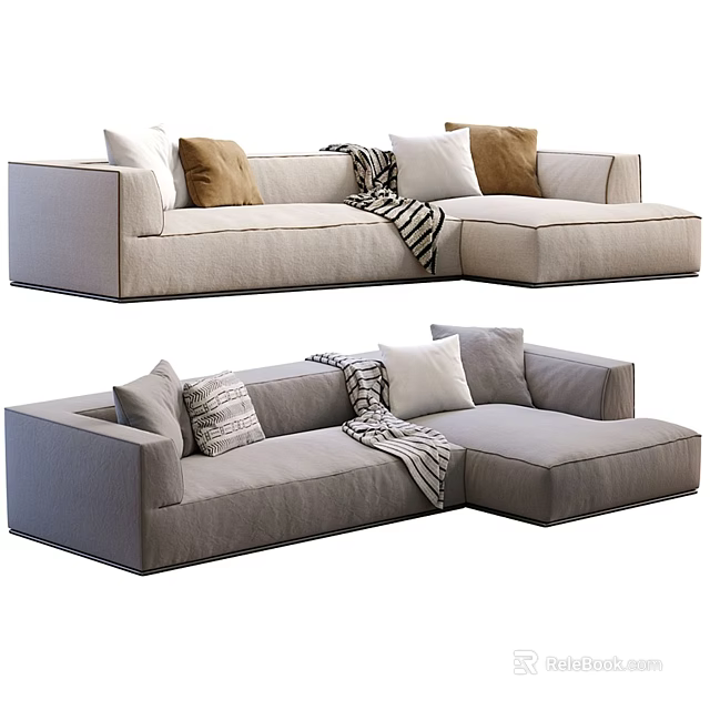 Modern Sectional L Shaped Sofa Featuring Neutral Pillows And Striped Throw Blanket 3d model