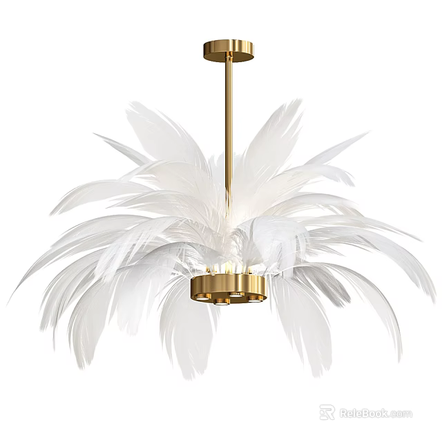 Elegant Modern White Feather Chandelier With Golden Frame And Lighting Design 3d model 