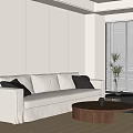 Three-seat sofa fabric multi-person sofa pillow solid wood mother and child coffee table combination potted plant 3d model