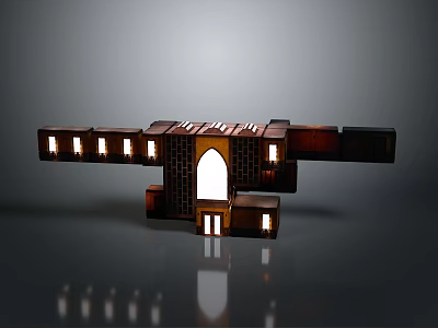 Modern Detailed Architectural Model With Brown Structure Archway And Small Illuminated Windows 3d model