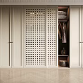 Modern Light Colored Wardrobe Interior With Sliding Perforated Doors Storage Hanging Area And Decorative Elements