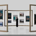 Art Exhibition Hall Featuring Curved Wooden Frames Hanging Landscape Paintings And A Viewer