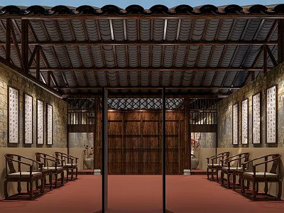 Traditional Chinese Religious Worship Hall With Wooden Structure Tiled Roof Red Carpet Calligraphy And Benches 3d model