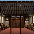 Traditional Chinese Religious Worship Hall With Wooden Structure Tiled Roof Red Carpet Calligraphy And Benches