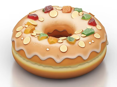 Delicious Donut with Glazed Frosting Topped with Almond Slices and Colorful Fruit Gummies 3d model