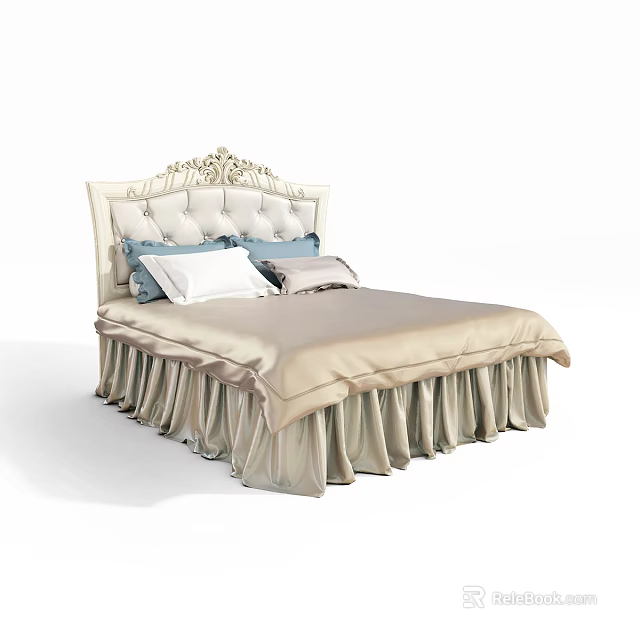 Elegant Double Bed with Carved White Upholstered Headboard Beige Bedspread and Ruched Bed Skirt 3d model 