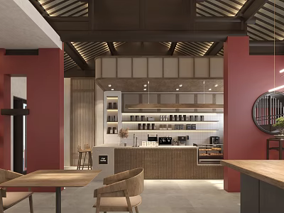 Modern Chinese Café Interior With Red Pillars Wooden Ceiling Bar Counter And Round Mirror 3d model
