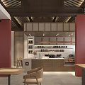 Modern Chinese Café Interior With Red Pillars Wooden Ceiling Bar Counter And Round Mirror
