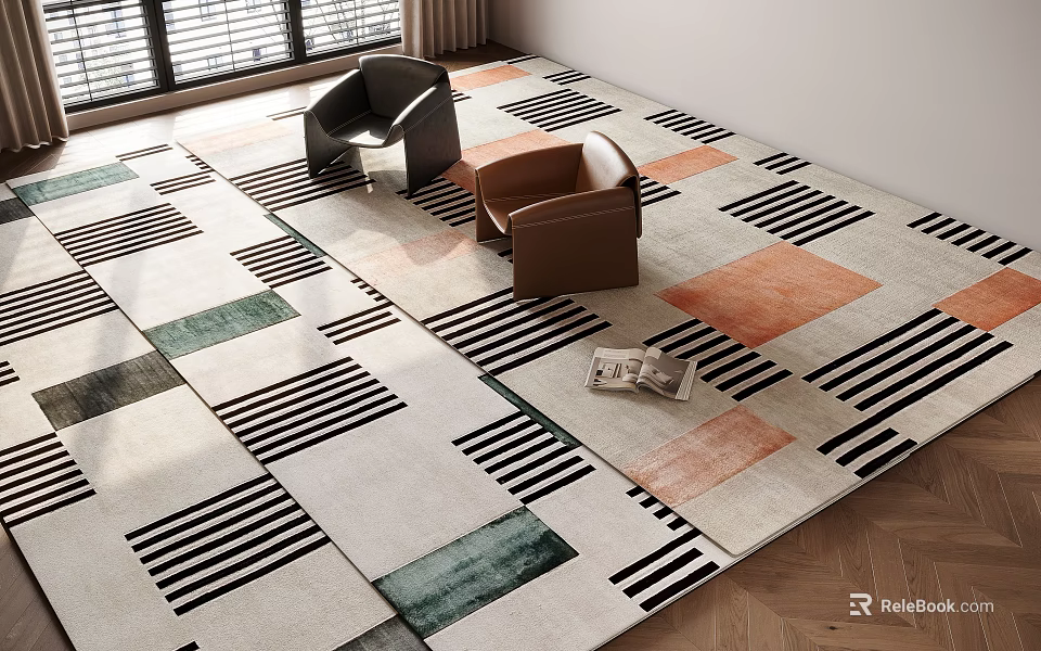 Square Rug With Geometric Pattern Colorful Blocks Black Stripes For Living Area 3d model 