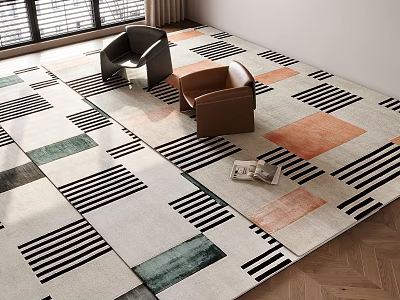 Square Rug With Geometric Pattern Colorful Blocks Black Stripes For Living Area 3d model