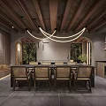 Dining and Living Room Interior With Wooden Ceiling Large Windows Fireplace And Natural Light