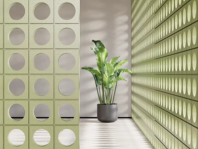 Potted Plant In Gray Pot By Green Grid Partition With Circular Holes And Striped Floor 3d model