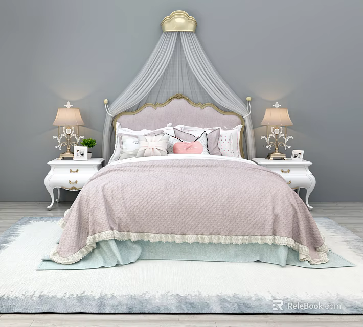 Elegant Double Bed With Canopy Headboard Pink Quilt Multiple Pillows And White Bedside Tables 3d model