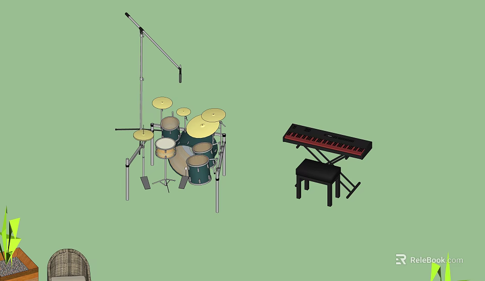 Drum Set with Cymbals and Electronic Keyboard on Stool for Music Practice 3d model 