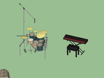 Drum Set with Cymbals and Electronic Keyboard on Stool for Music Practice 3d model