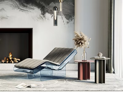 Modern Transparent Base Lounge Chair With Gray Cushion Side Table Dried Flowers And Fireplace 3d model