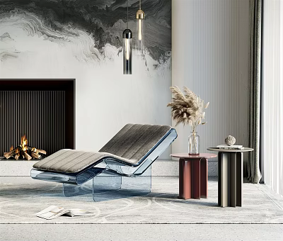 Modern Transparent Base Lounge Chair With Gray Cushion Side Table Dried Flowers And Fireplace 3d model