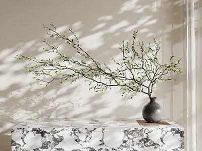Black Vase Holding Green Bud Branches On Patterned Marble Table With Light Wall Shadows 3d model