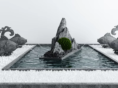 Decorative Garden Ornament Featuring Square Water Basin Rockery Small Green Plant And Fish Sculptures 3d model