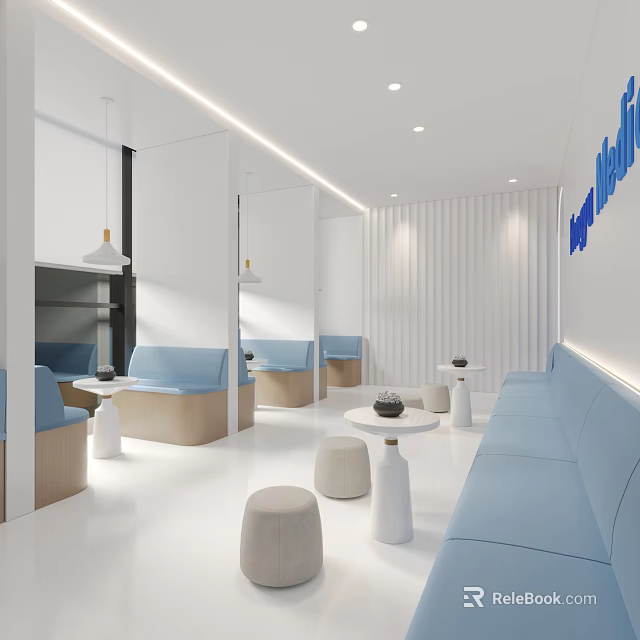 Bright Modern Minimalist Lounge Area With Soft Light Blue Seats And Clean White Interior Design 3d model 