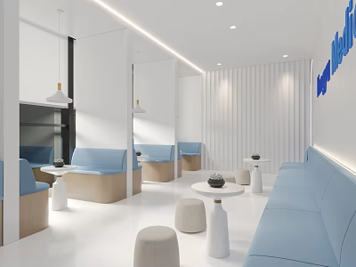 Bright Modern Minimalist Lounge Area With Soft Light Blue Seats And Clean White Interior Design 3d model