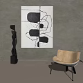 Abstract Painting In Modern Interior With Black White Shapes Curved Lines And Sculpture Chair