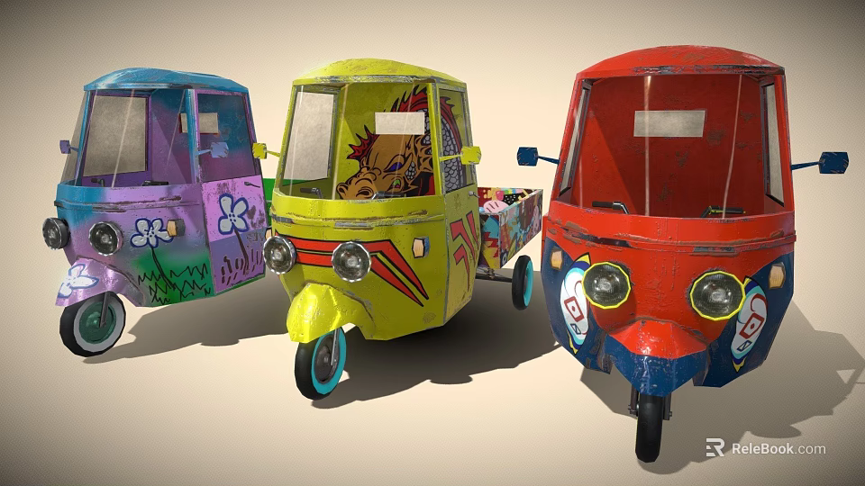 Vibrant Purple Yellow Red Three Wheeled Motorcycles With Hand Painted Designs And Unique Faces 3d model 