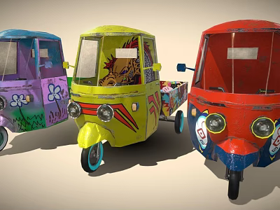 Vibrant Purple Yellow Red Three Wheeled Motorcycles With Hand Painted Designs And Unique Faces 3d model
