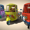 Vibrant Purple Yellow Red Three Wheeled Motorcycles With Hand Painted Designs And Unique Faces