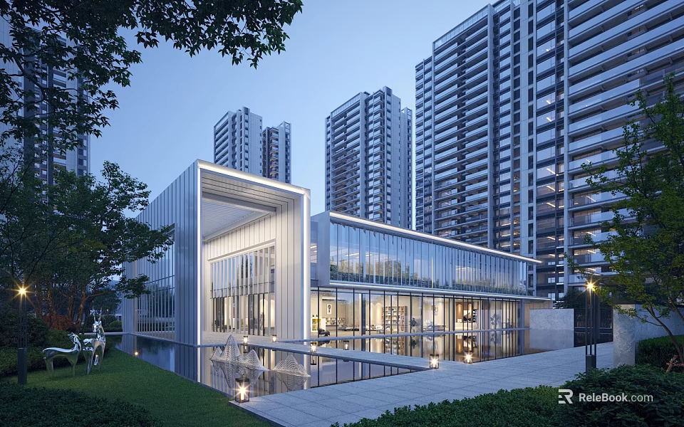 Modern High Rise Residential Complex with Glass Curtain Walls Greenery and Water Features 3d model 
