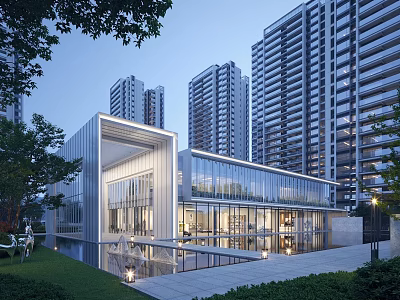 Modern High Rise Residential Complex with Glass Curtain Walls Greenery and Water Features 3d model
