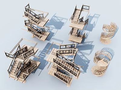 3D Wooden Staircase Models With Spiral Design And Multiple Level Handrails 3d model