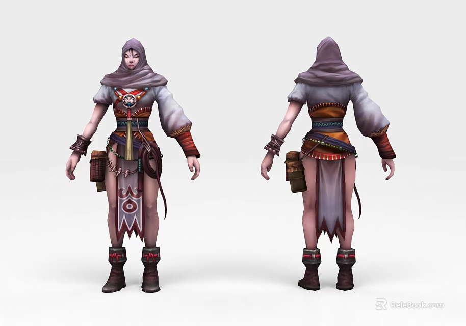 Game Movie Character Hooded Outfit with Decorative Patterns Belt Pouches Boots Front Back Views 3d model 