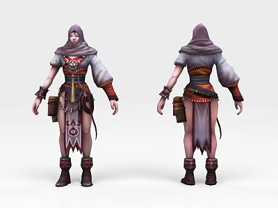 Game Movie Character Hooded Outfit with Decorative Patterns Belt Pouches Boots Front Back Views 3d model