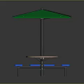 Outdoor Round Table With Green Umbrella And Blue Benches For Patio Seating