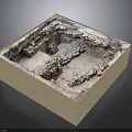 Archaeological Site Model With Square Structure Dirt Stone Ruins And Green Markers