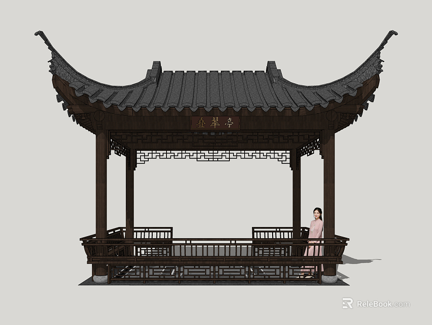 Traditional Chinese Wooden Pavilion With Curved Eaves Carved Railings And Person In Traditional Dress 3d model 