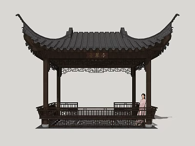 Traditional Chinese Wooden Pavilion With Curved Eaves Carved Railings And Person In Traditional Dress 3d model