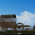 Antique Wooden Carriage with Bamboo Roof by Lakeside Green Grass and Flowers